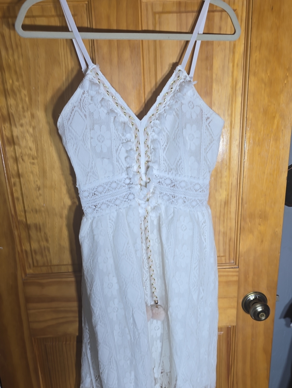 White Lace Spaghetti Strap Midi Hi Low Medium Dress